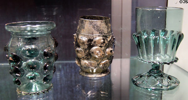 German Forest Glass Krautstrunk beakers with prunts & goblet (1500-1550) at Corning Museum of Glass. Corning, NY.