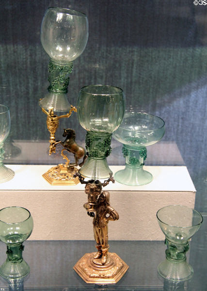 German glass Roemers (17th-18thC) including two on metal stands (1675-1725) at Corning Museum of Glass. Corning, NY.