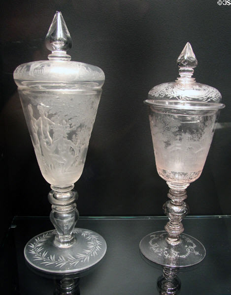 German glass covered goblets (Pokals) from Thuringia (1700-20) by Heinrich Jäger & from Nuremberg (c1720) by Georg Friedrich Killinger at Corning Museum of Glass. Corning, NY.