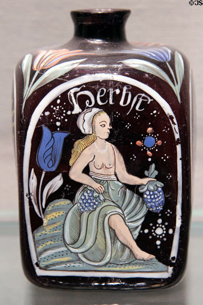 German glass bottle with Four Seasons (1693) probably from Brandenburg at Corning Museum of Glass. Corning, NY.