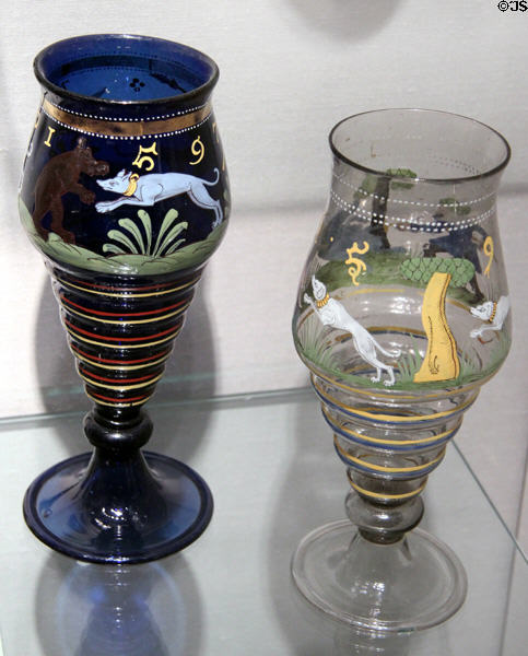 Bohemian glass covered hunting goblets (1597 & 1598) at Corning Museum of Glass. Corning, NY.