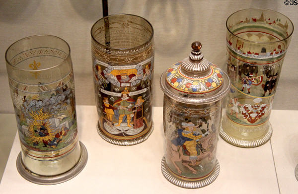 German glass Humpen (1600-79) depict several stories & themes at Corning Museum of Glass. Corning, NY.