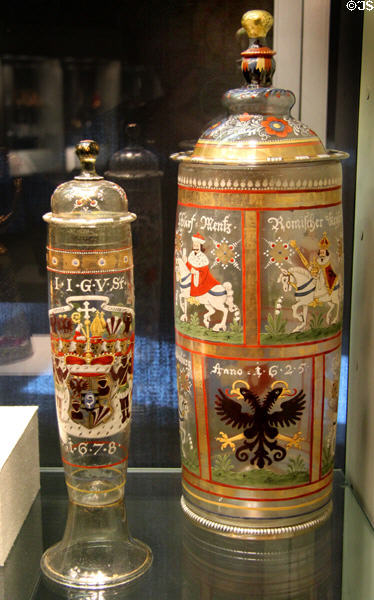 German glass Humpen (1875-1900) mimic antique themes dated 1678 & 1625 at Corning Museum of Glass. Corning, NY.