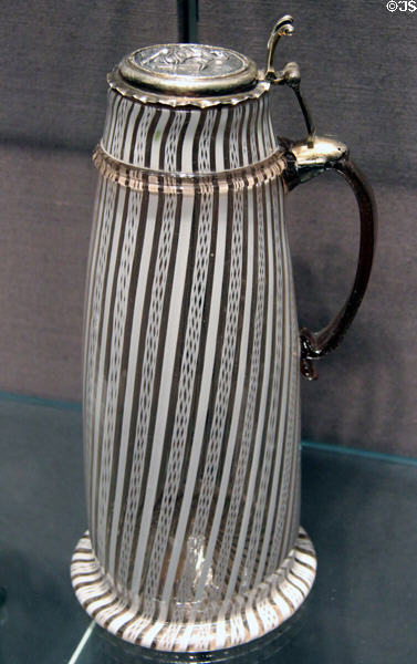 German or Low Countries glass tankard (17thC) with silver lids added decades later at Corning Museum of Glass. Corning, NY.