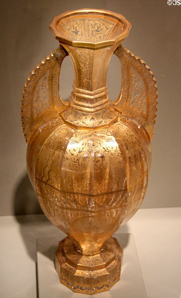 Bohemian gilded glass Alhambra vase (c1860) attrib. Harrach glassworks of Neuwelt like one displayed at London world's fair of 1862 at Corning Museum of Glass. Corning, NY.