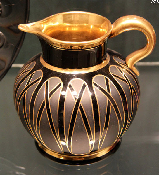 Gilded black Hyalith glass jug (c1820-25) by glassworks of count of Buquoy of Southern Bohemia at Corning Museum of Glass. Corning, NY.