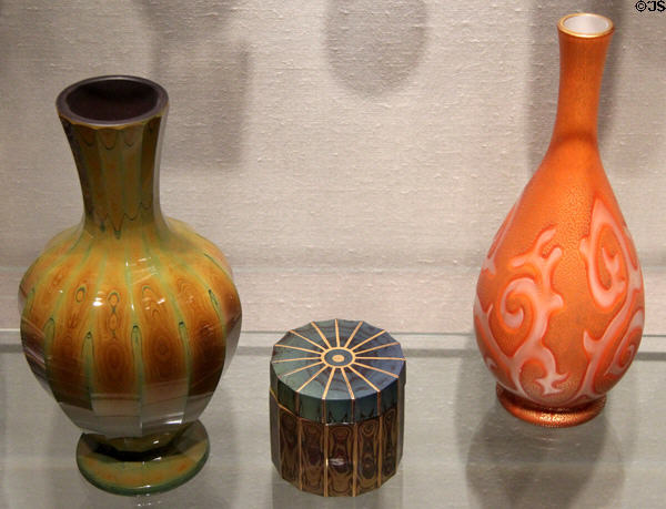 Bohemian glass Lithyalin vase & covered box (1830-40) by Friedrich Egermann of Haida & Bohemian Octopus vase (1887) by Johann Loetz Witwe glassworks at Corning Museum of Glass. Corning, NY.