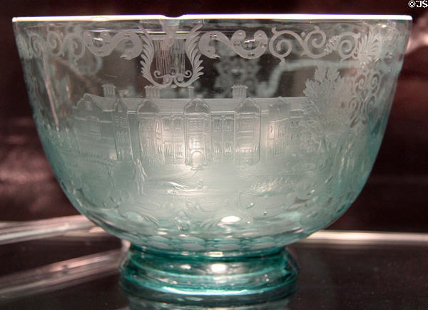 English glass punch bowl engraved with home of Fitzwilliam family (1760) at Corning Museum of Glass. Corning, NY.