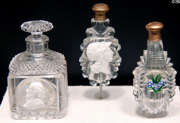 English glass bottle with sulphide of Shakespeare (c1820-30) by Falcon Glassworks of Apsley Pellatt of London plus two French scent bottles (c1820-40) at Corning Museum of Glass. Corning, NY.