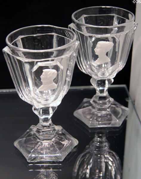 English glass goblets with sulphides of Victoria & Albert (c1840) by Falcon Glassworks of Apsley Pellatt of London at Corning Museum of Glass. Corning, NY.