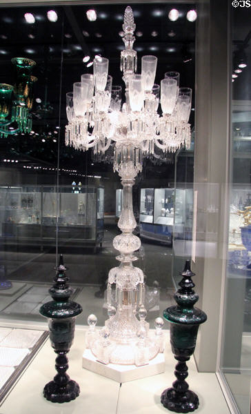 English candelabrum (c1883) by F&C Osler of Birmingham flanked by pair of Bohemian goblets (2nd half 19thC) at Corning Museum of Glass. Corning, NY.