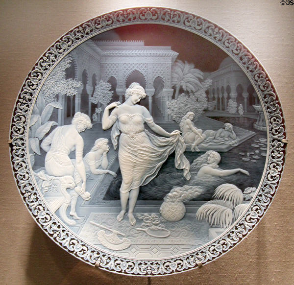English glass cameo plaque with Moorish Bathers (1898) carved by George Woodall for Thomas Webb & Sons of Amblecote at Corning Museum of Glass. Corning, NY.