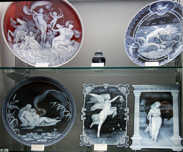 English glass cameo plaques (c1890s) most by Thomas Webb & Sons of Amblecote at Corning Museum of Glass. Corning, NY.