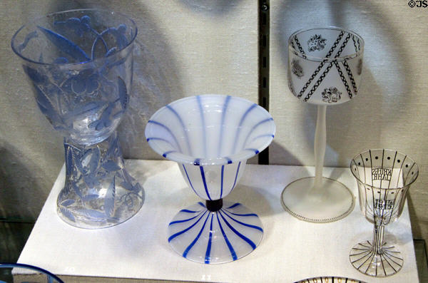 Wiener Werkstätte glass vessels - two in middle (c1914) by Michael Powolny & two flanking (c1920 & 1915) by Josef Hoffmann at Corning Museum of Glass. Corning, NY.
