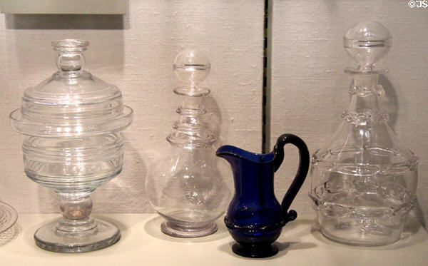 American glass sugar bowl, decanters & creamer (1813-30) by South Boston Glass Works of Boston at Corning Museum of Glass. Corning, NY.