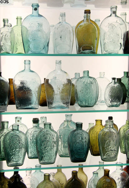 American glass liquor flasks (1815-50) at Corning Museum of Glass. Corning, NY.