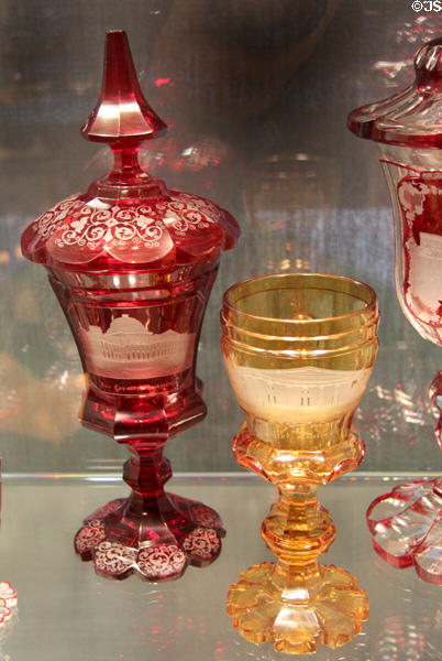 Bohemian goblets (mid 19thC) engraved with U.S. Capitol in Washington & Second U.S. Bank in Philadelphia at Corning Museum of Glass. Corning, NY.