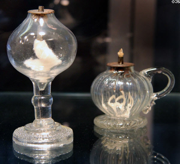 American glass bedside lamps from New England & pressed glass lamp (1827-35) & (1820-30) at Corning Museum of Glass. Corning, NY.