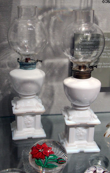 American white glass whale oil lamps (1830-40) by New England Glass Co. of Cambridge, MA at Corning Museum of Glass. Corning, NY.