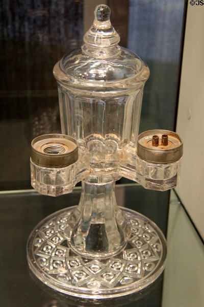 American glass double whale oil lamp (1857-70) from New England at Corning Museum of Glass. Corning, NY.