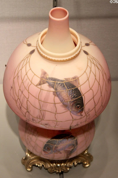 Burmese lamp (1886-90) by Mt. Washington Glass Co. (glass) & Pairpoint Manuf. Co. (mounts) of New Bedford, MA at Corning Museum of Glass. Corning, NY.
