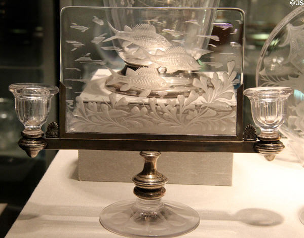 Candelabrum with engraved panel (1920-30) by T.G. Hawkes & Co. of Corning at Corning Museum of Glass. Corning, NY.