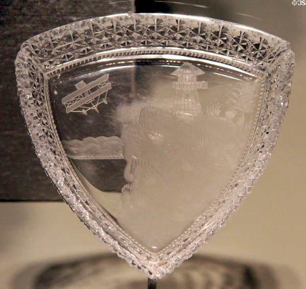 Glass dish engraved with Curtis Bi-plane (1910-20) by T.G. Hawkes & Co. of Corning at Corning Museum of Glass. Corning, NY.