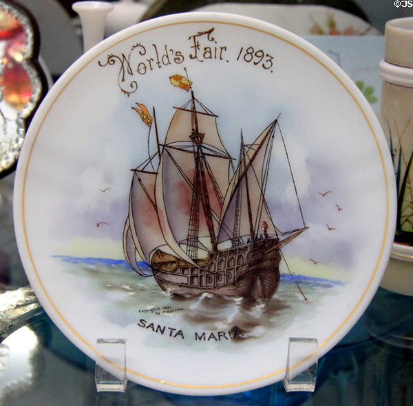 Glass souvenir plate showing Santa Maria from Chicago World's Fair (1893) at Corning Museum of Glass. Corning, NY.
