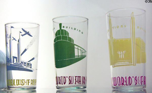 Souvenir glasses (1939) from 1939 New York World's Fair at Corning Museum of Glass. Corning, NY.