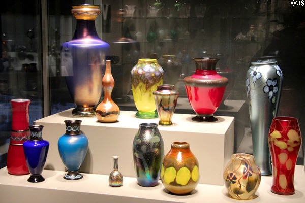 Collection of Favrile glass vases (1895-1916) by Louis Comfort Tiffany at Corning Museum of Glass. Corning, NY.