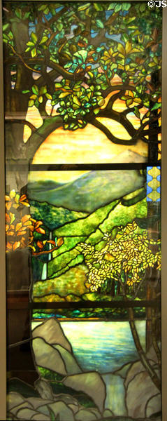 Art Nouveau landscape stained glass window (c1910) by Louis Comfort Tiffany at Corning Museum of Glass. Corning, NY.