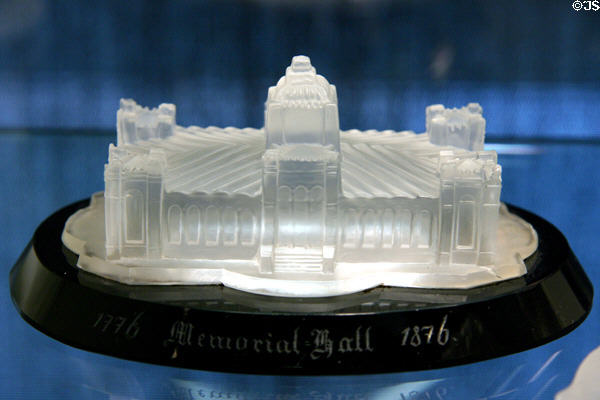 Glass paperweight shaped as 1876 Centennial Exhibition's Memorial Hall at Corning Museum of Glass. Corning, NY.