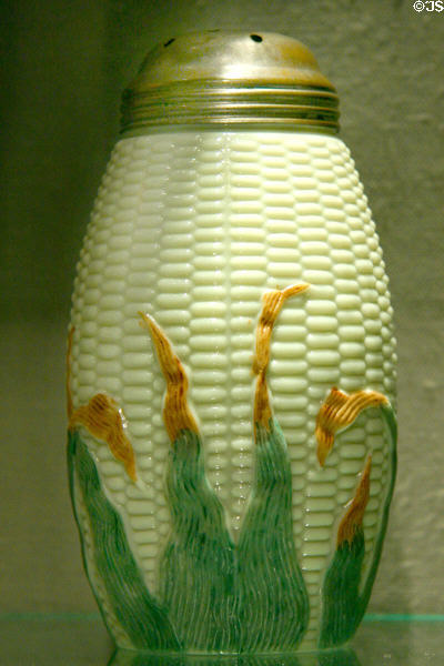 Glass sugar shaker in corn pattern (1888-9) by New England Glass or Libbey Glass Cos. at Corning Museum of Glass. Corning, NY.