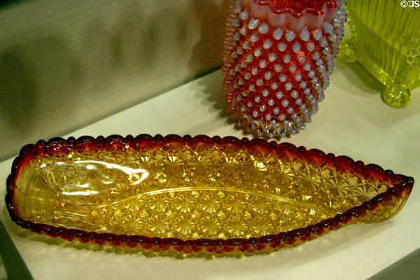 Amberina pressed dish in Hobnail Diamond pattern (1886-90) by Hobbs, Brockunier & Co. on license from New England Glass Co. at Corning Museum of Glass. Corning, NY.