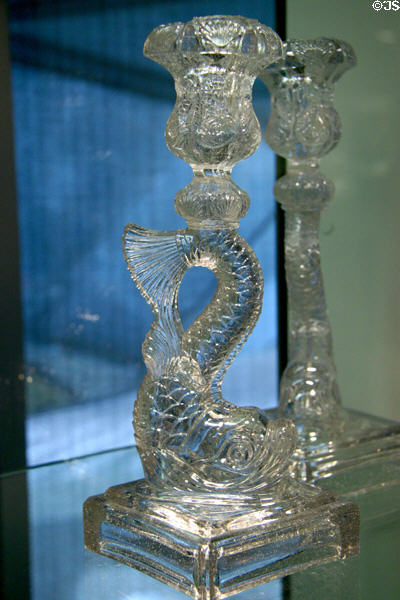 New England glass dolphin candlesticks (1840-60) at Corning Museum of Glass. Corning, NY.