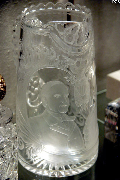Glass pitcher (1900-1) engraved with portrait of President William McKinley at Corning Museum of Glass. Corning, NY.