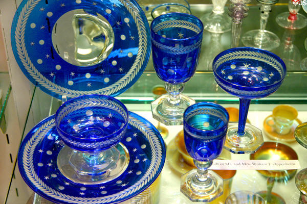 Engraved blue Empire style glass place setting (1932) by Steuben Glass at Corning Museum of Glass. Corning, NY.