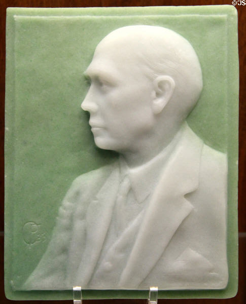 Glass portrait plaque (1933) with Frederick Carder initials at Corning Museum of Glass. Corning, NY.