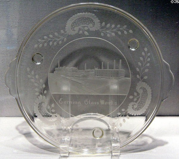 Pyrex Trivet Engraved with view of Corning Glass Works (c1920-30) probably engraved by Anthony F. Keller at Corning Museum of Glass. Corning, NY.