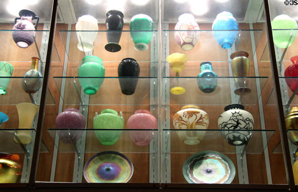 Collection of Frederick Carder's glass vases at Carder Collection of Corning Museum of Glass. Corning, NY.