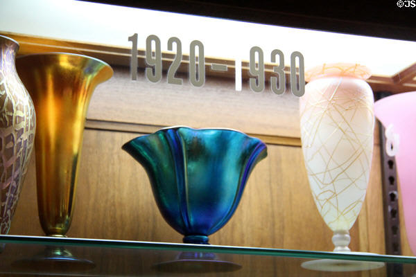 Aurene glass vases (1920-30) in colors invented by Frederick Carder for Steuben Glass at Corning Museum of Glass. Corning, NY.