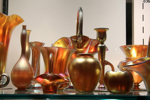 Examples of Gold Aurene (1904-30s) made by spraying hot glass with stannous chloride at Corning Museum of Glass. Corning, NY.