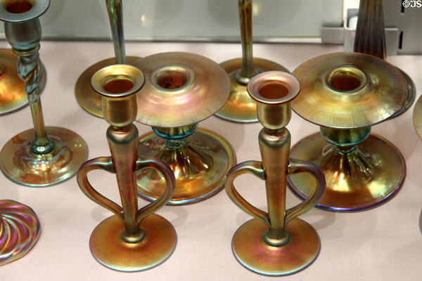 Gold Aurene glass candlesticks (1904-30s) by Frederick Carder for Steuben Glass at Corning Museum of Glass. Corning, NY.