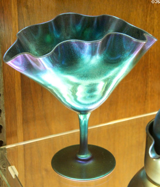 Blue Aurene glass stemmed centerpiece (1905-30s) by Frederick Carder for Steuben Glass at Corning Museum of Glass. Corning, NY.