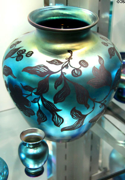 Blue Aurene enameled glass vases (1905-30s) by Frederick Carder for Steuben Glass at Corning Museum of Glass. Corning, NY.