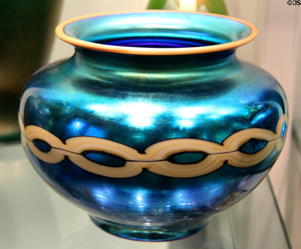 Blue Aurene glass vase with applied decoration (1905-30s) by Frederick Carder for Steuben Glass at Corning Museum of Glass. Corning, NY.