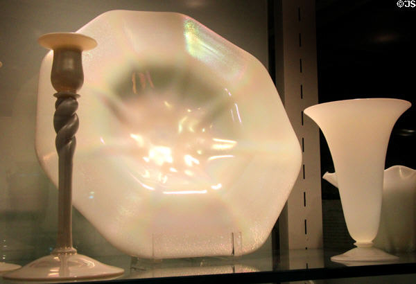 White iridescent Ivrene glass with feldspar & cryolite in glass sprayed with stannous chloride invented by Frederick Carder for Steuben Glass at Corning Museum of Glass. Corning, NY.
