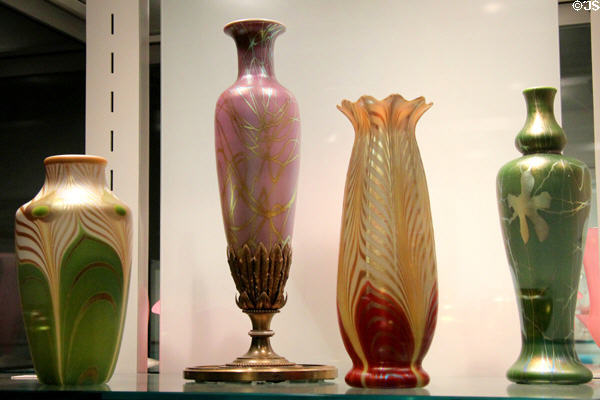 Decorated iridescent glass (1910-30) by Steuben Glass at Corning Museum of Glass. Corning, NY.
