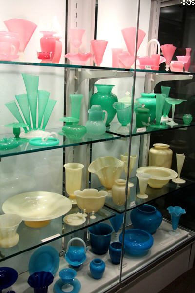 Display of Steuben Glass Jade colored vessels developed in 1920s by Frederick Carder at Corning Museum of Glass. Corning, NY.