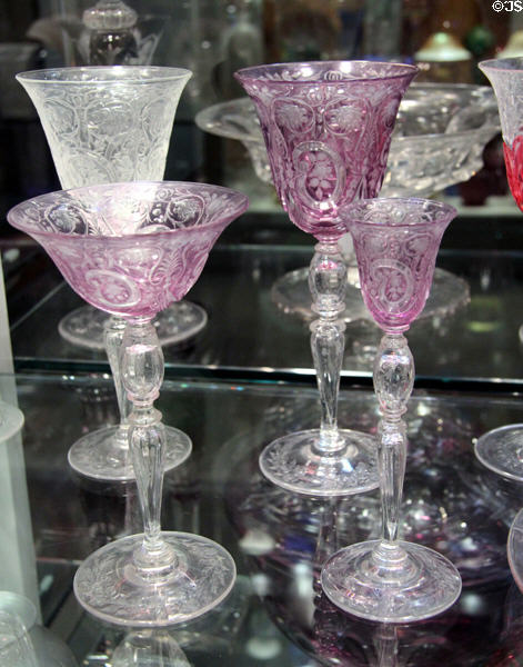 Engraved glass stemware goblets by Steuben Glass at Corning Museum of Glass. Corning, NY.